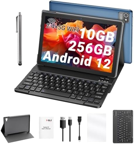 Xgody 2 in 1 Tablet 10.1 Inch， Android 13.0 Tablets， 10GB RAM 256GB ROM， 5+2.4G WiFi with Keyboard， 8MP Camera， 4-Core Processor， WiFi， GPS， Bluetooth， 2.0ghz Tablet PC (2023 Blue)