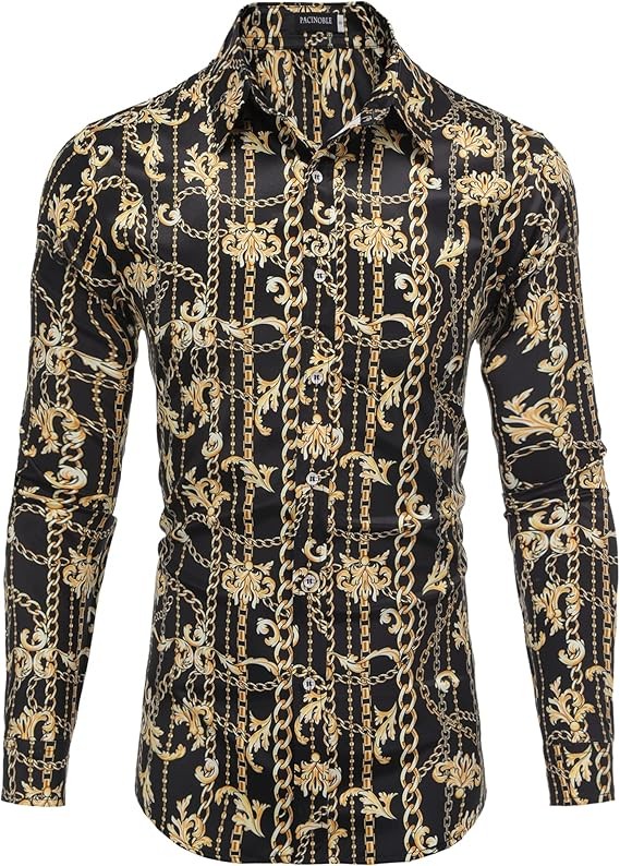 Pacinoble Mens Long Sleeve Fashion Luxury Design Print Dress Shirt