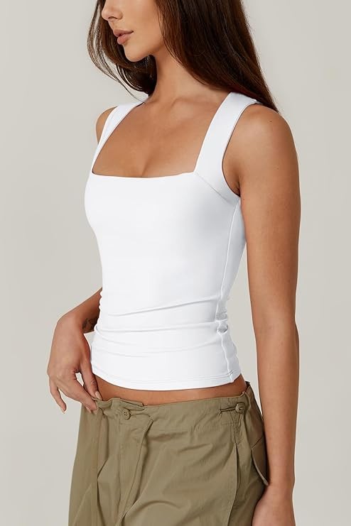 QINSEN Women's Square Neck Sleeveless Double-Layer Tank Tops Basic Tight T Shirts