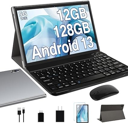 Oangcc Android 13 Tablet 10 Inch ???? ?????? with 12GB(6+6 Expand)+128GB Keyboard Mouse WiFi Bluetooth GPS 512GB Expand Support, Dual Camera Computer Tablets with Case - Gray