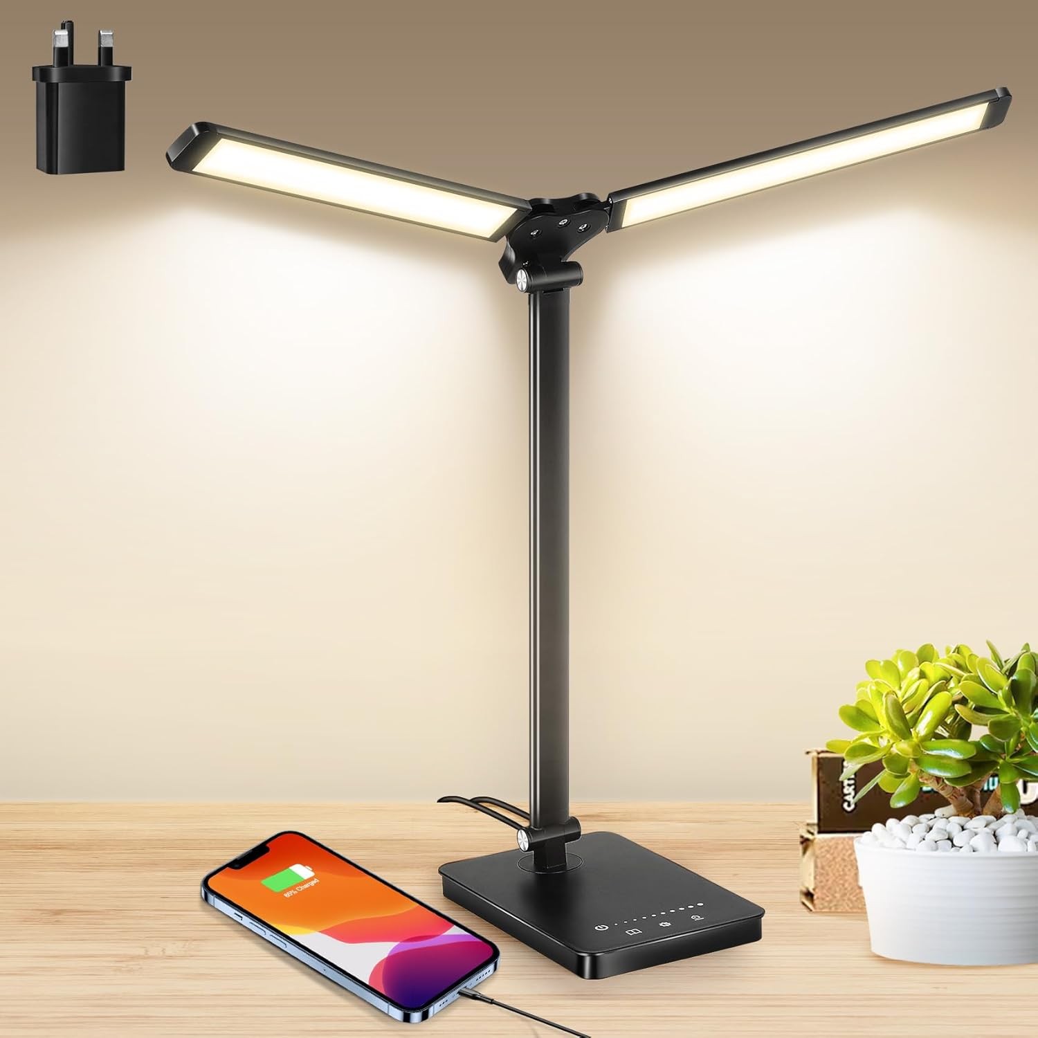 LED Desk Lamp Double-head, Table Lamp for Home Office, Eye-caring Reading Light with 2 USB Charging Ports,5 Light Colors & 5 Brightness Levels, 45 Min Timing